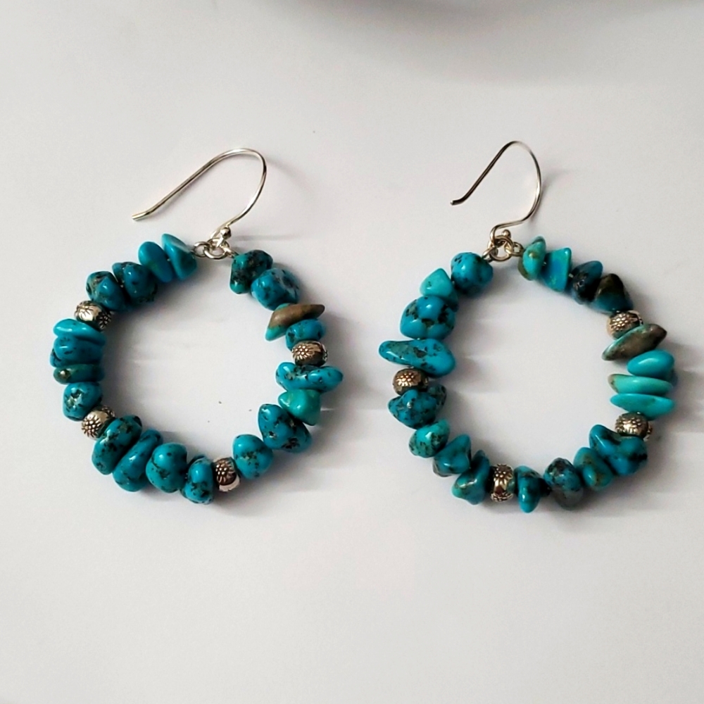 Sterling Silver 925 Turquoise Nugget Hoop Hook Earrings